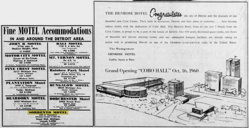 Sorrento Motel - Oct 1960 Ad With Nice Mention Of Cobo